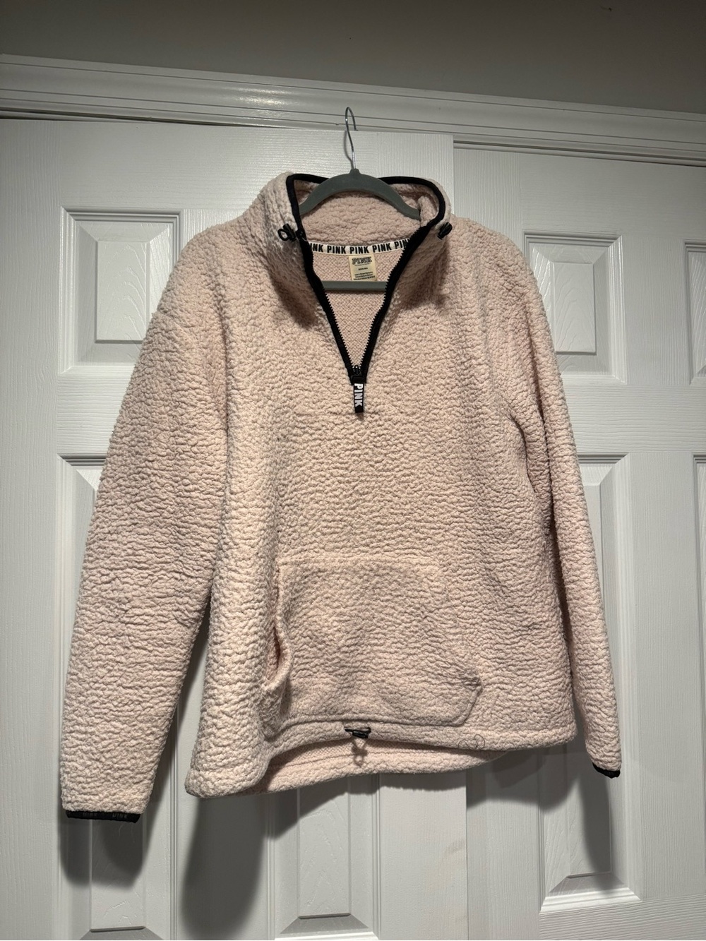 PINK Victoria's Secret Cream Sherpa Half-Zip Pullover with Black Trim